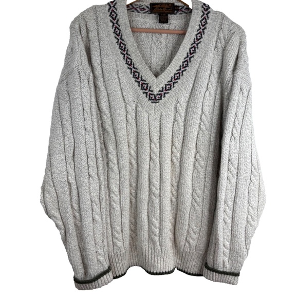 VTG Eddie Bauer Cable Knit Sweater M Oatmeal V Neck Chunky Cotton Tennis Cottage - Picture 1 of 10
